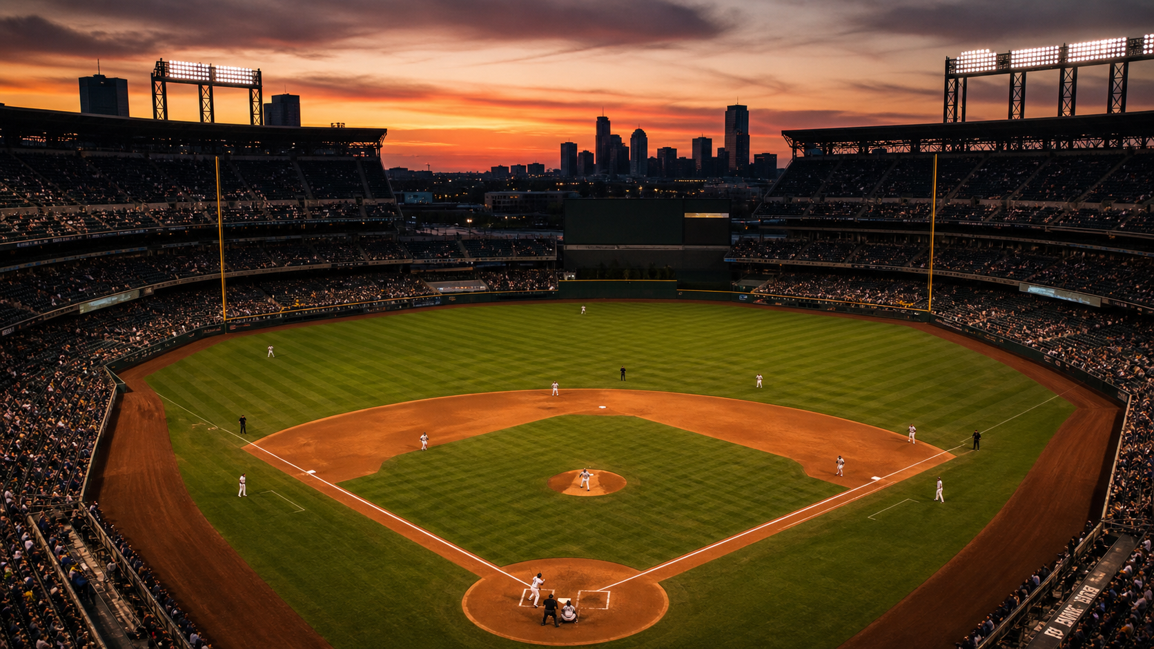 Professional baseball stadium at dusk